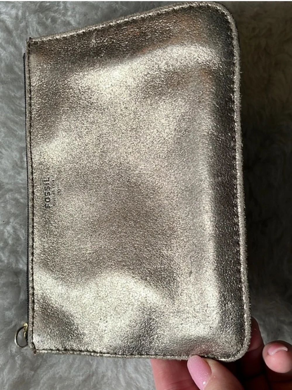 Fossil metal gold leather zip top pouch with pink lining